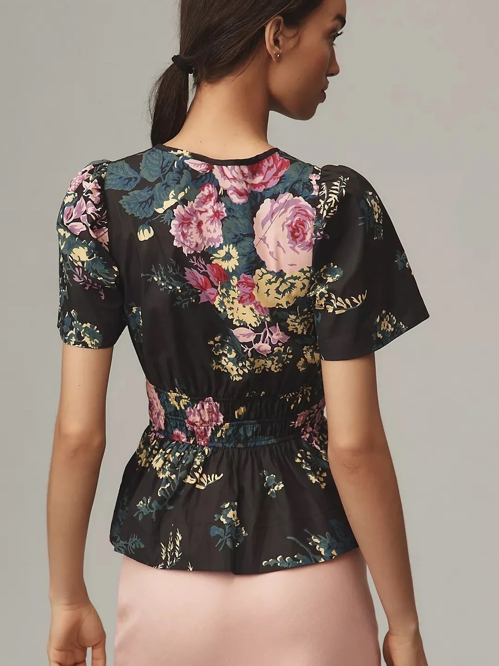 Anthropologie Somerset Black Floral Peplum Blouse Top M - Picture 2 of 16